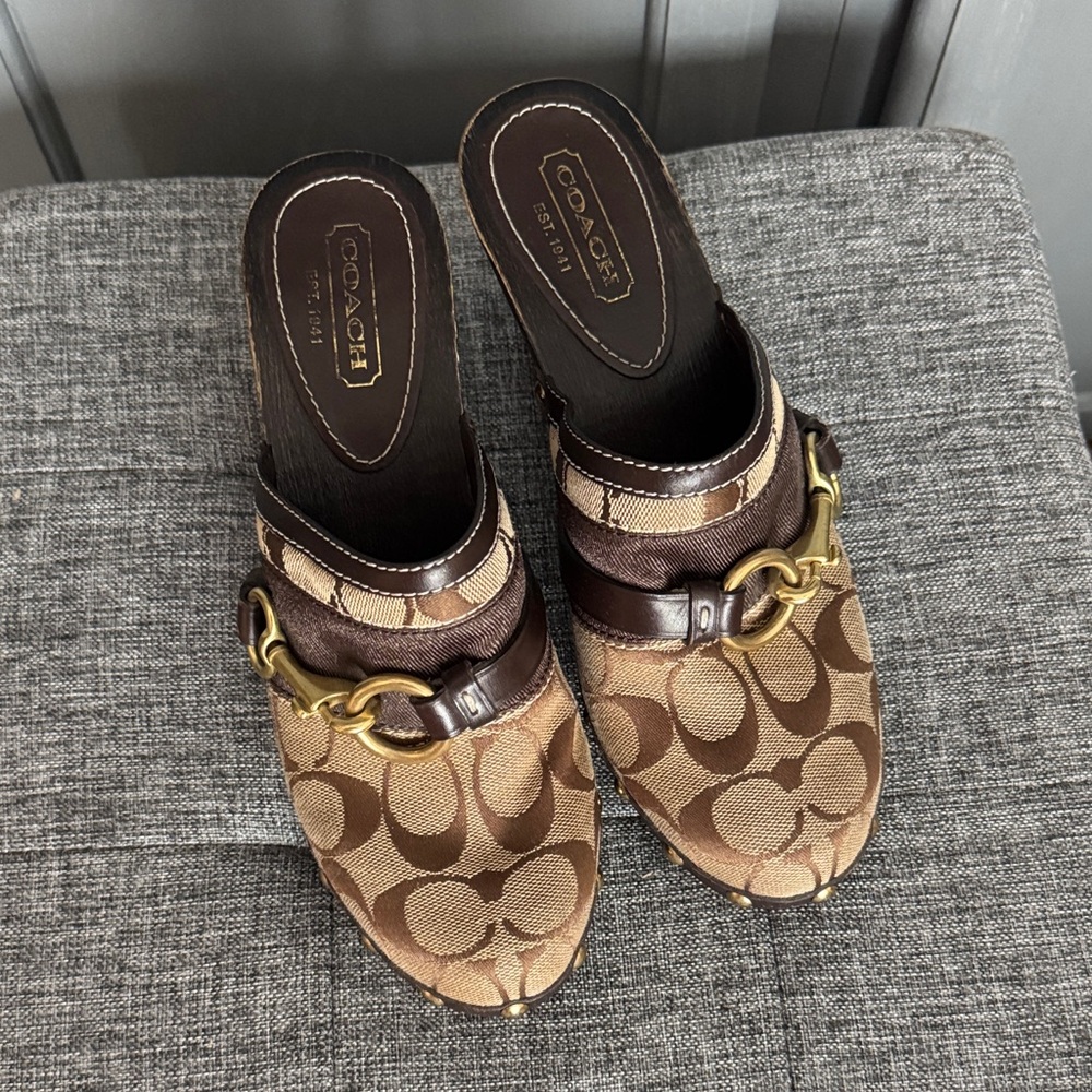 Coach Signature Brown and Tan Mules